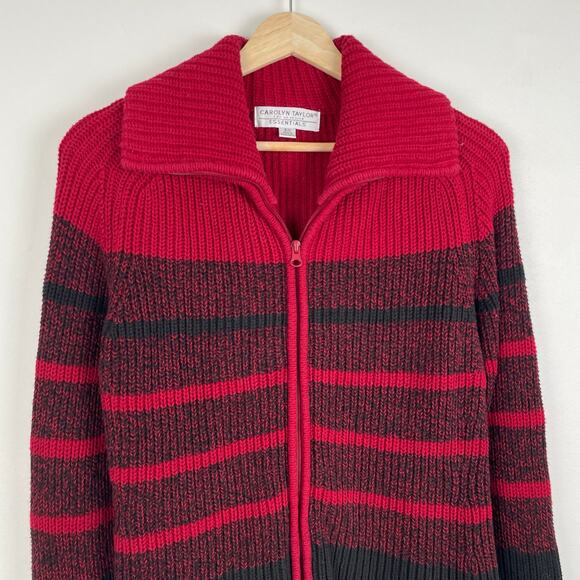 90s Vintage Carolyn Taylor Chunky Full Zip Cardigan Sweater Striped Red Black S - Picture 10 of 16